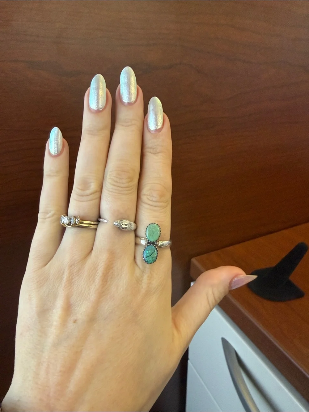 New 925 Sterling Silver Double Oval Green Spider Web Opal Ring Adjustable 4-6.5